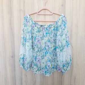 Mint Velvet Womens Floral Sheer Blouse Size M Blue Boho Peasant Romantic Cottage